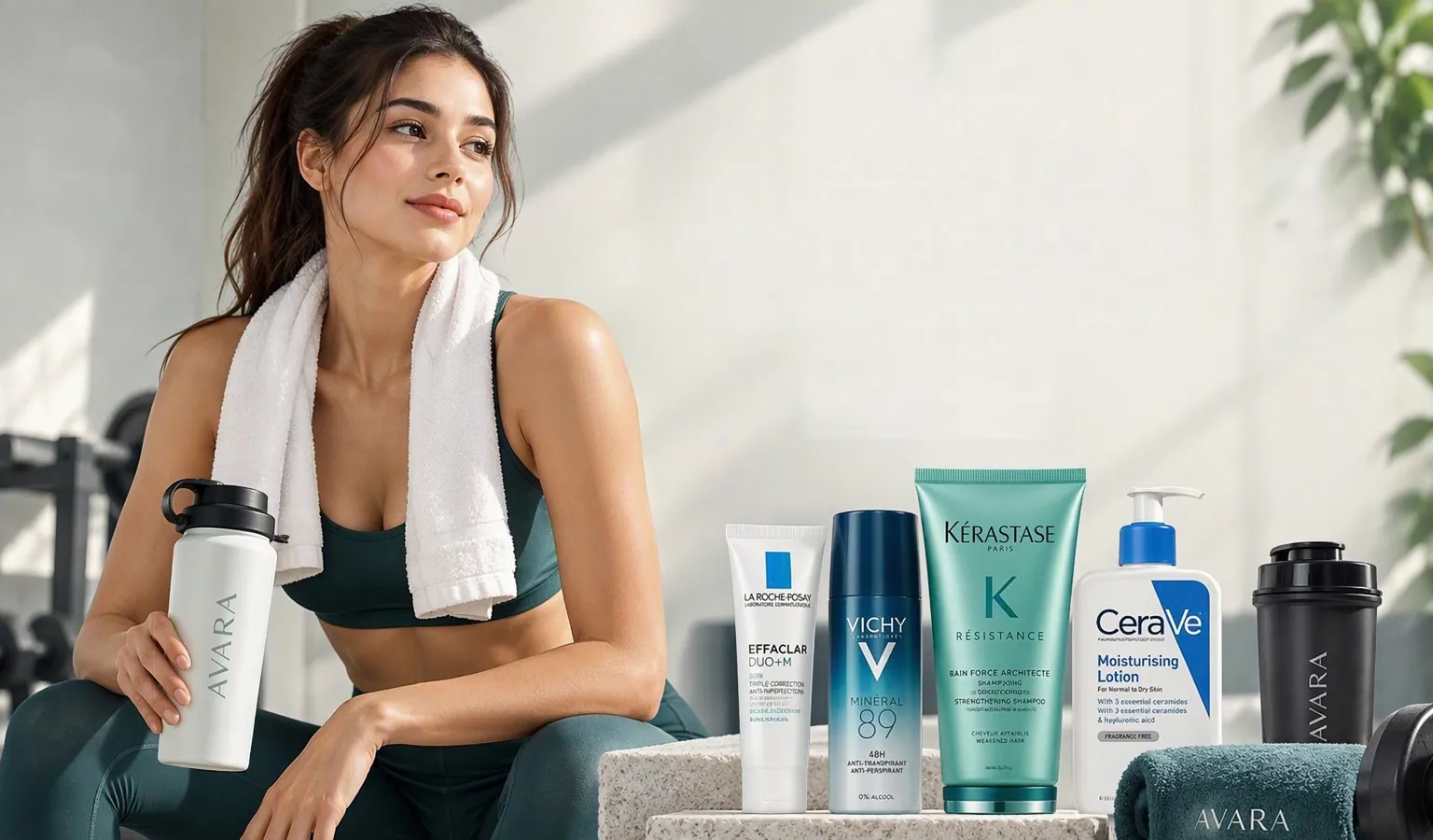 A woman in sportswear with a towel and a water bottle, beside La Roche-Posay, Vichy, Kérastase and CeraVe products and a shaker.