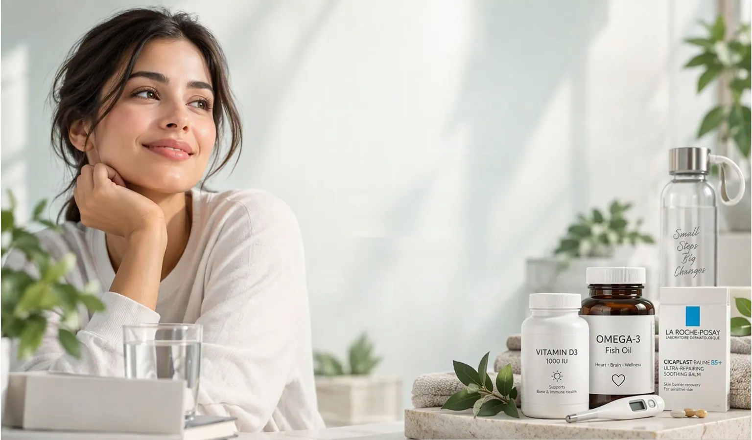 A smiling woman beside vitamin D3, omega-3 fish oil, a digital thermometer and La Roche-Posay Cicaplast balm.